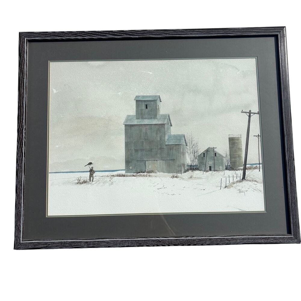 VTG Barn In Winter Signed Water Color Painting 29x36"